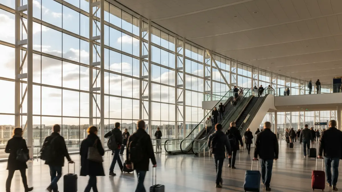 Imagen genérica del interior de un aeropuerto con pasajeros desenfocados.