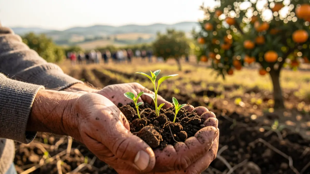 Generic image of farmer's hands holding soil with green sprouts, with Mediterranean landscape in the background.