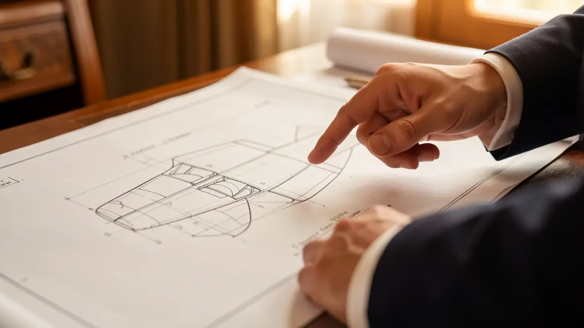 Close-up of an aircraft component technical drawing with hands pointing to details.