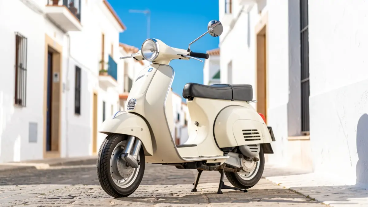 Classic Italian scooter parked on a sunny street in Almería.