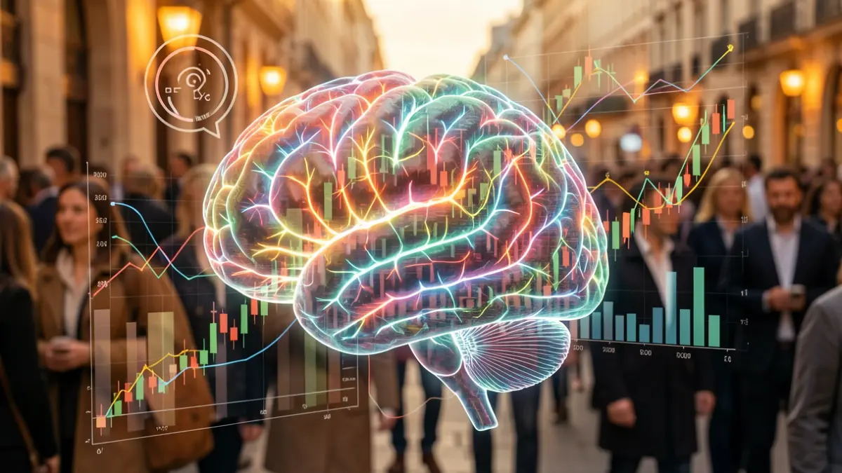 Generic image of a brain with neural connections and financial graphs.