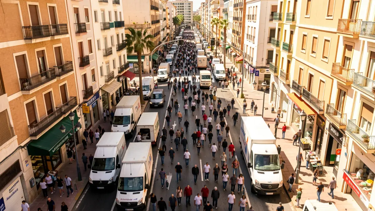Vista aérea de una calle urbana con actividad comercial y vehículos de reparto en Las Palmas de Gran Canaria.