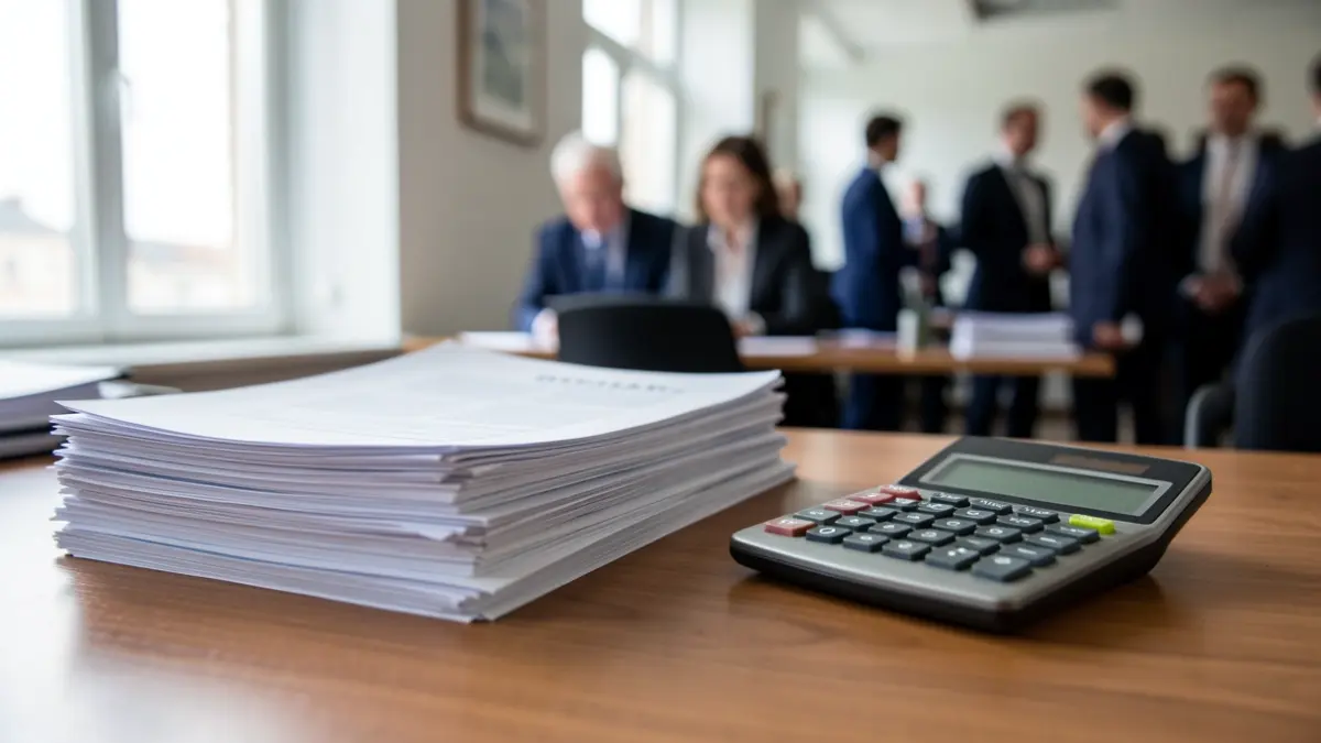 Imagen genérica de documentos de gestión empresarial y calculadora sobre una mesa de oficina.