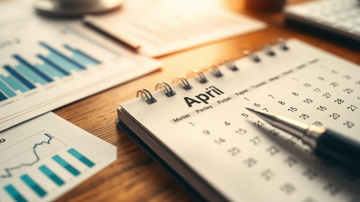 Imagen genérica de un calendario con el mes de abril marcado, con documentos financieros desenfocados al fondo.
