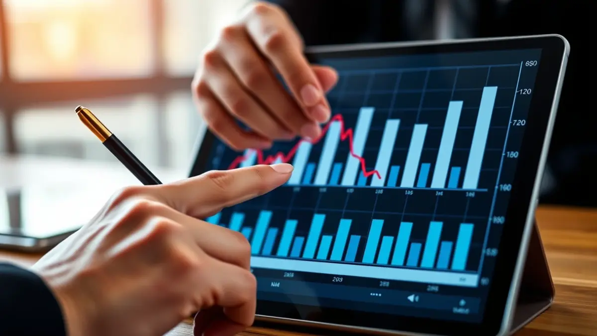 Generic image of a hand pointing at a downward trend chart on a tablet, symbolizing economic data analysis.