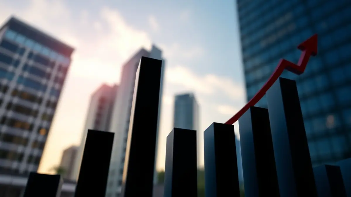 Generic image of a bar chart showing a downward trend, with blurred office buildings in the background, symbolizing economic improvement.