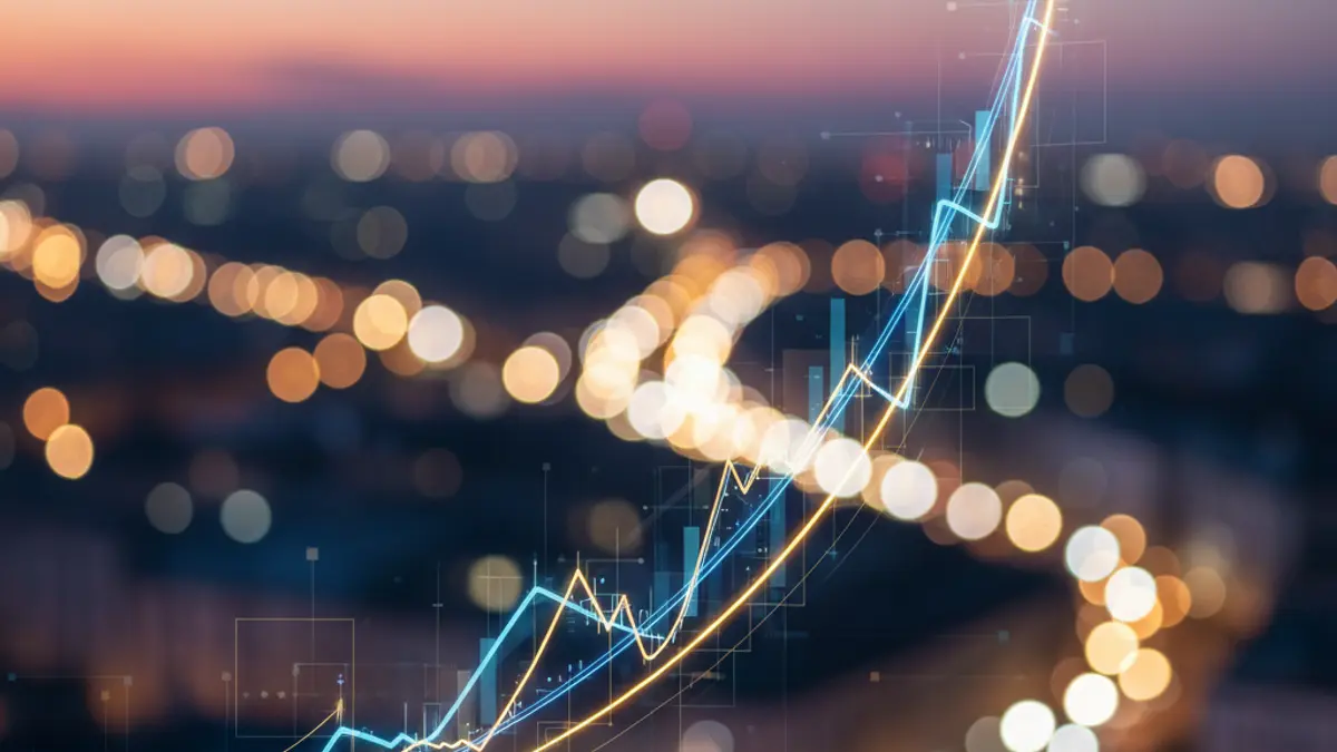 Financial charts showing economic growth with city lights in the background.