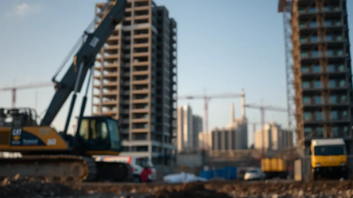 Imagen de obras de urbanización en un polígono industrial, con maquinaria pesada e infraestructuras a medio hacer.