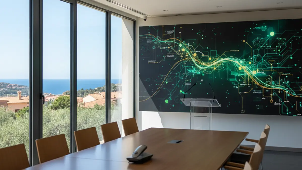 Imagen genérica de una sala de conferencias con una pantalla y un podio.