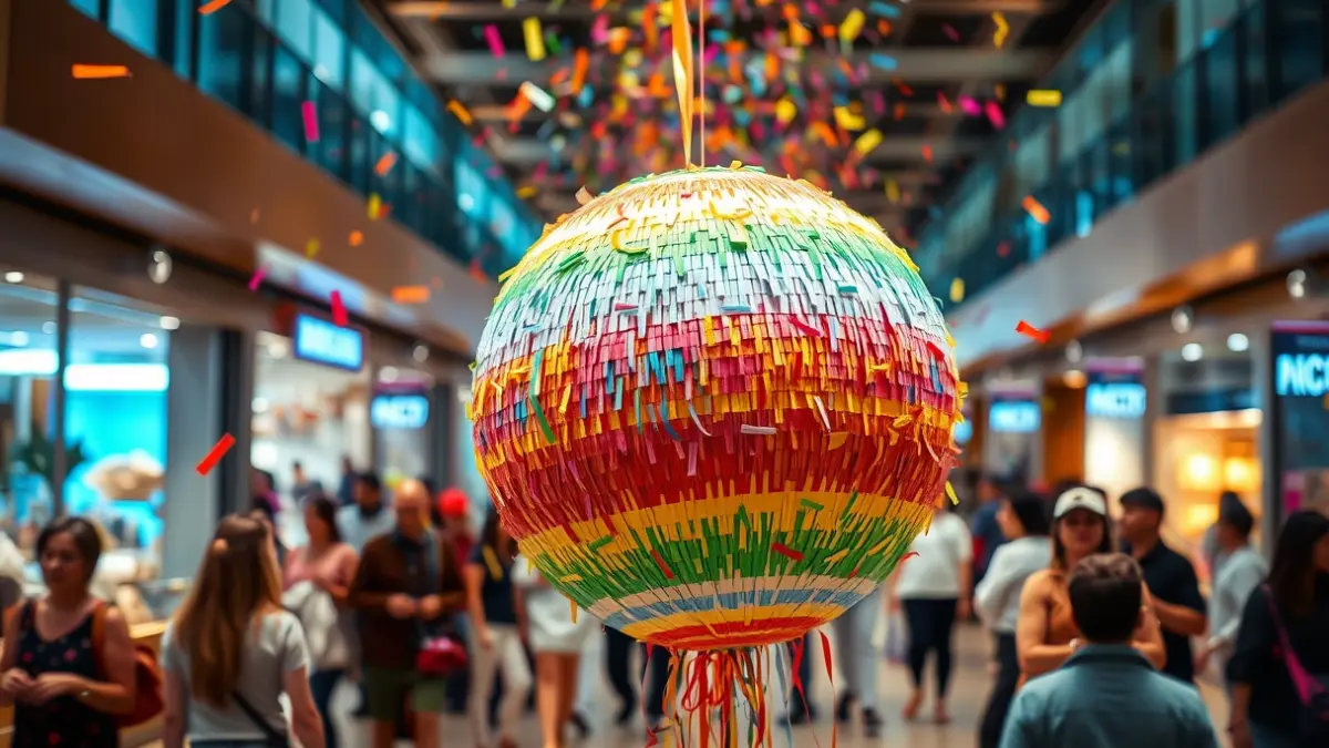 Imagen de una piñata gigante en un centro comercial, con gente borrosa alrededor y confeti cayendo.