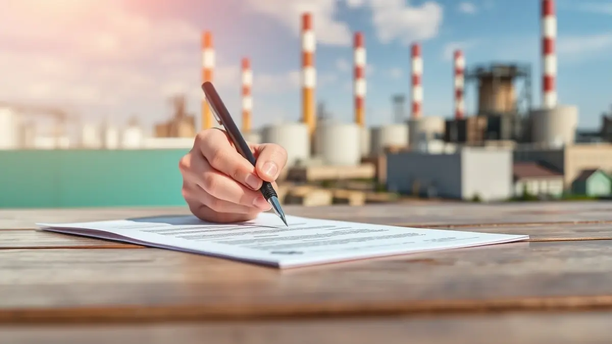 Generic image: a hand signing a document, with industrial buildings in the background.