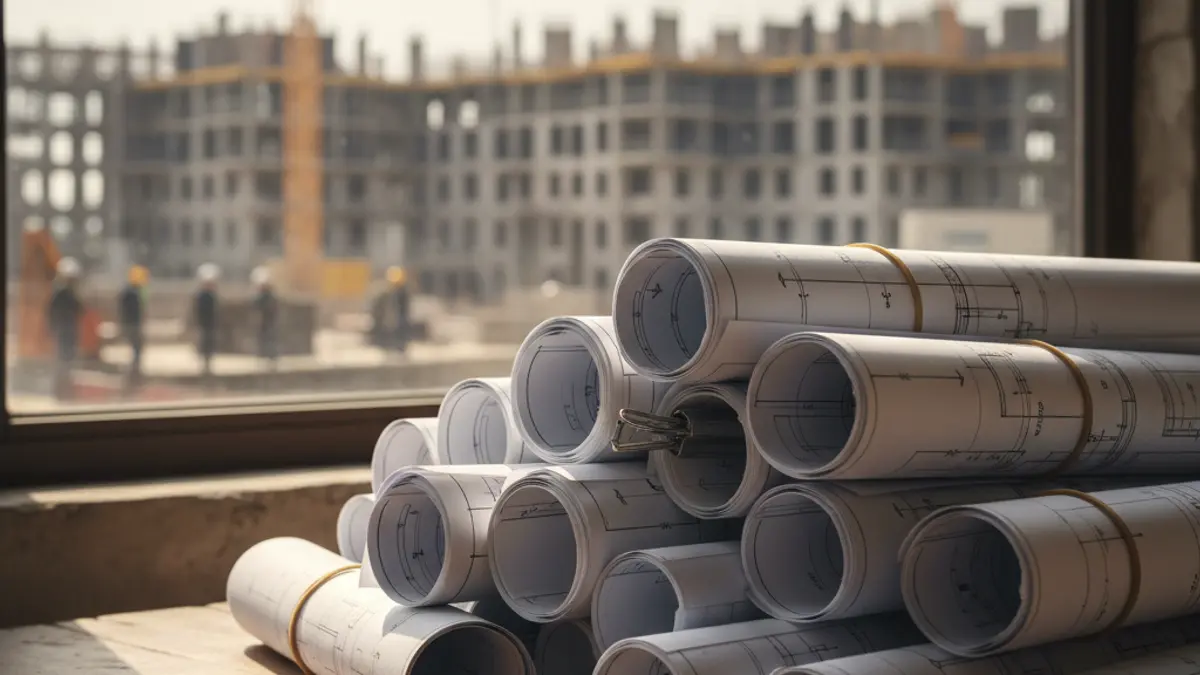 Imagen genérica de planos de construcción sobre una mesa de madera, con un fondo desenfocado de una obra.