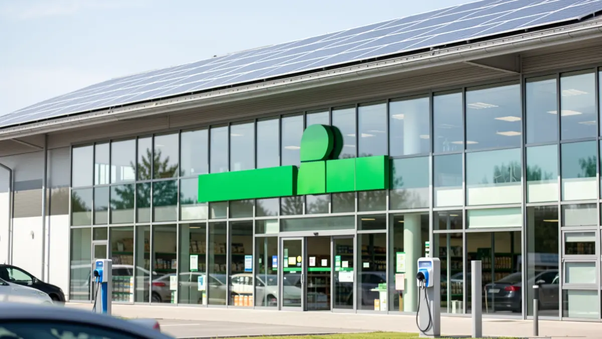 Imagen genérica de una tienda Lidl moderna con paneles solares y puntos de carga para vehículos eléctricos.