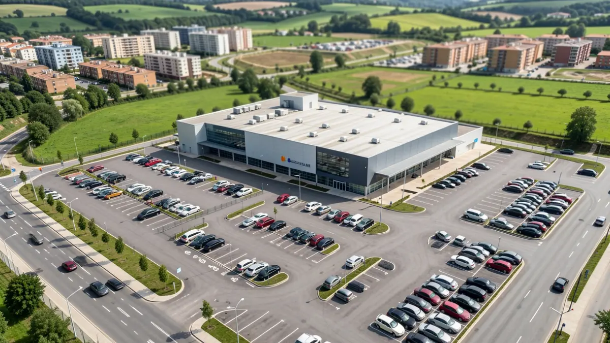 Imaxe xenérica dun supermercado moderno cunha gran zona de aparcamento nunha área urbana en desenvolvemento.