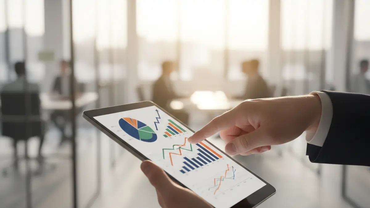 Generic image of a hand pointing at a chart on a tablet, symbolizing business decision-making.