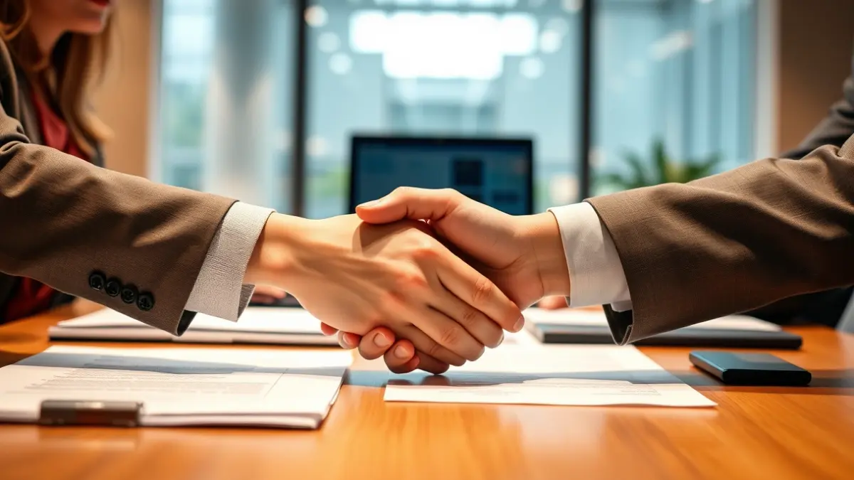Imagen genérica de dos personas dándose la mano en un entorno de negocios, simbolizando la cooperación.