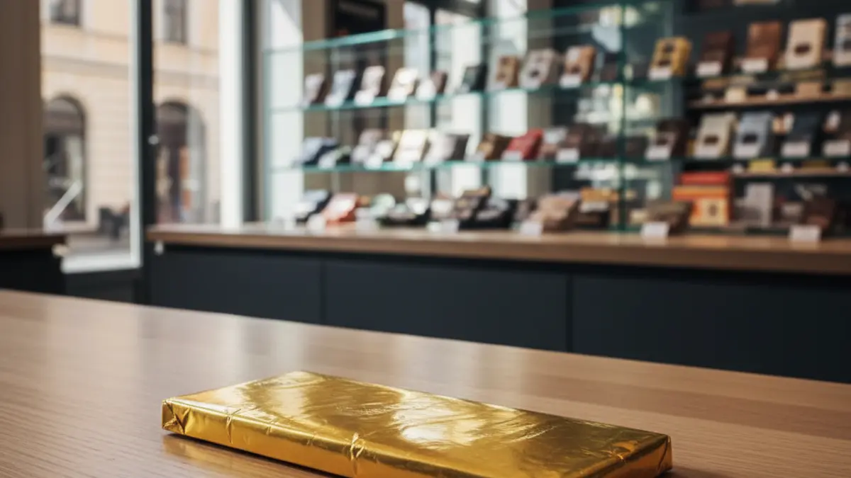 Generic image of a chocolate bar with golden wrapper in a store.
