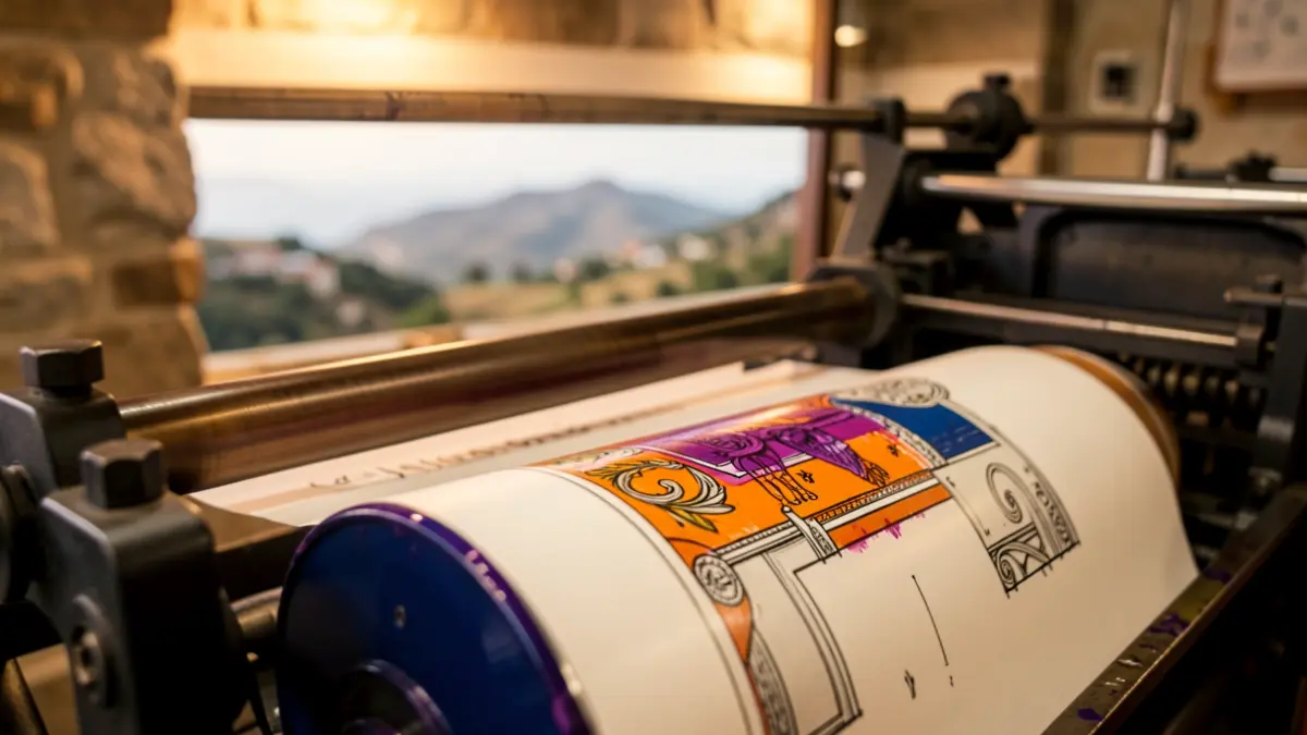 Detail of an industrial printing press with rollers and printed paper, with a blurred Canarian landscape in the background.
