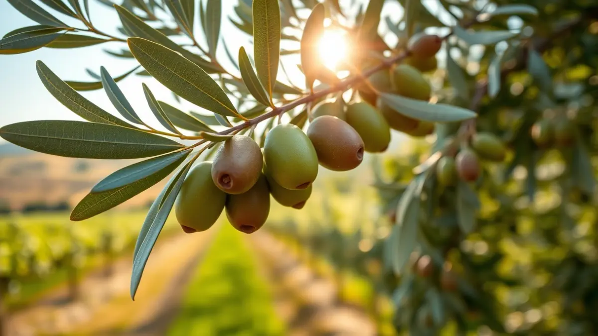 Imagen genérica de una rama de olivo con aceitunas y un campo de viñedos al fondo, representando la agricultura ecológica.