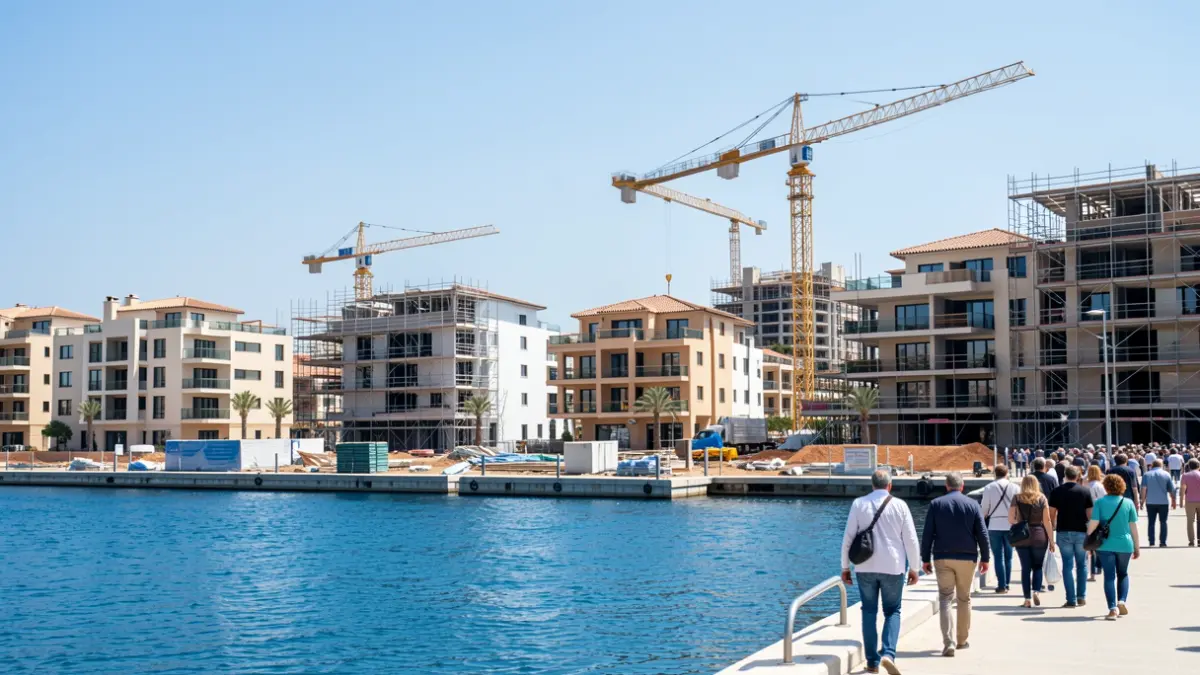 Imagen genérica de la construcción de una marina moderna con edificios nuevos y grúas.