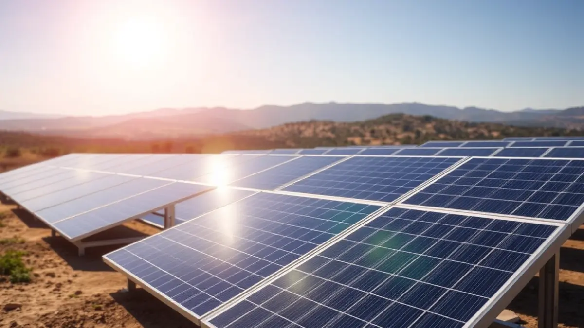 Generic image of solar panels on non-urbanized land, with a Mediterranean landscape in the background.