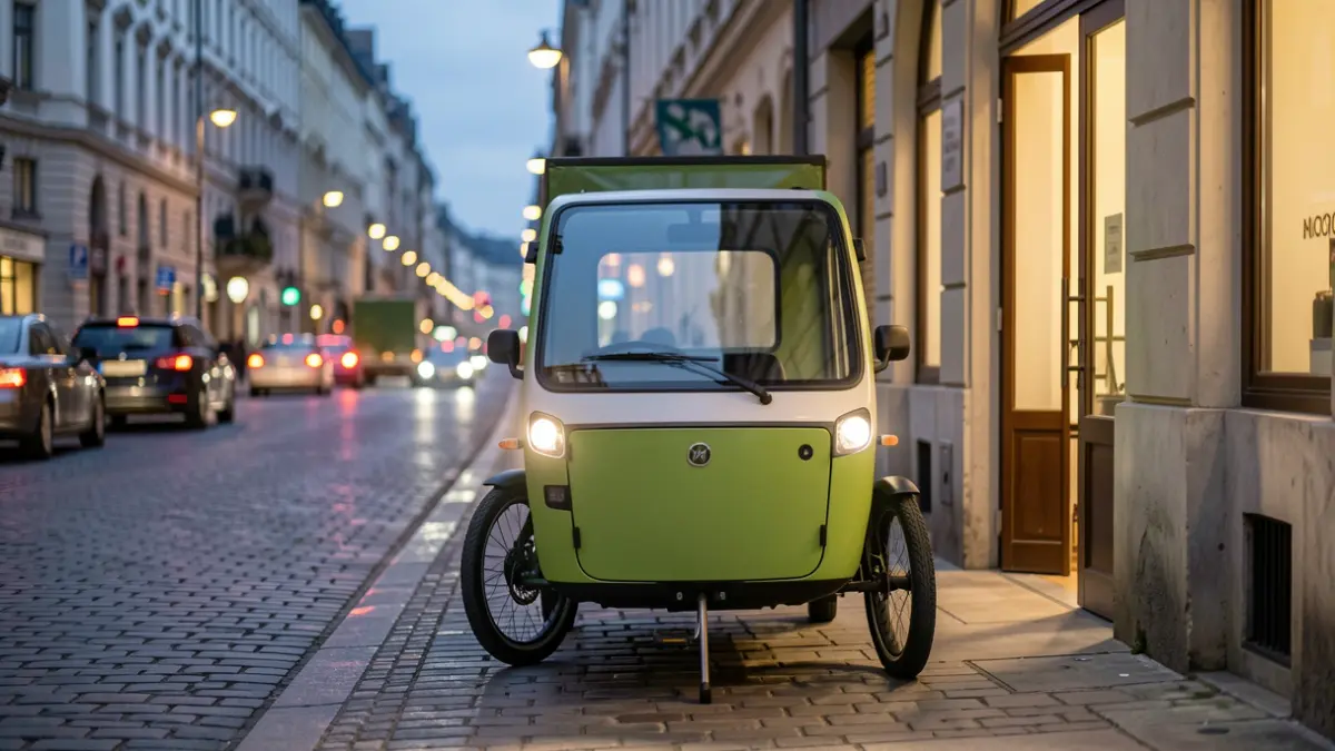 Generic image of a sustainable delivery vehicle in an urban setting.
