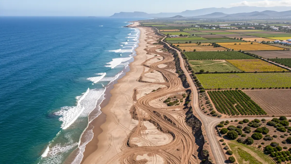 Aerial view of Veneguera beach in Gran Canaria, highlighting the natural transition between the coast, the ravine, and cultivated fields.
