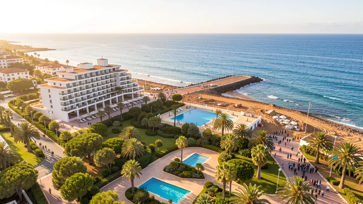 Vista aérea de la construcción de un nuevo hotel de cinco estrellas en primera línea de mar en Meloneras, Gran Canaria.