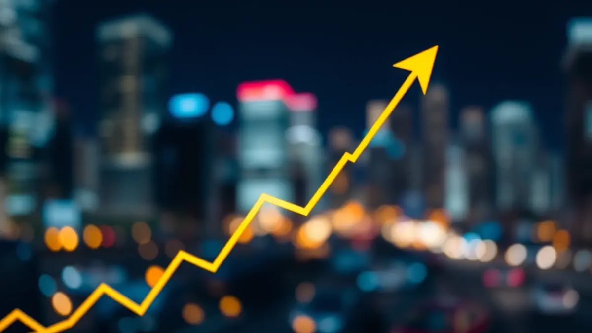 Imagen genérica de gráficos económicos ascendentes y luces de ciudad borrosas.