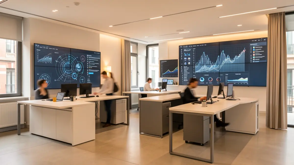 Interior de un centro de innovación en Madrid con pantallas y profesionales.