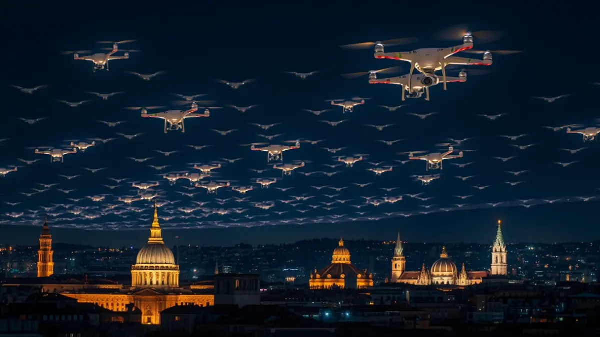 Espectáculo de drones iluminando el cielo nocturno de Madrid.