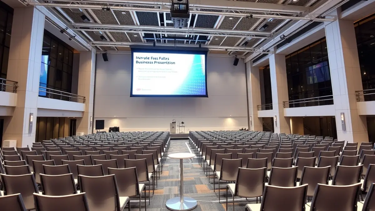 Imagen genérica de un centro de convenciones moderno, con sillas vacías y una pantalla, simbolizando eventos y ferias.