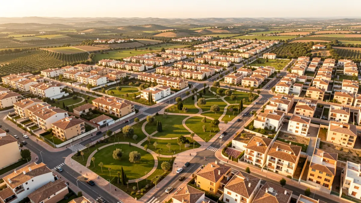 Aerial view of a modern residential area with parks and organized streets.