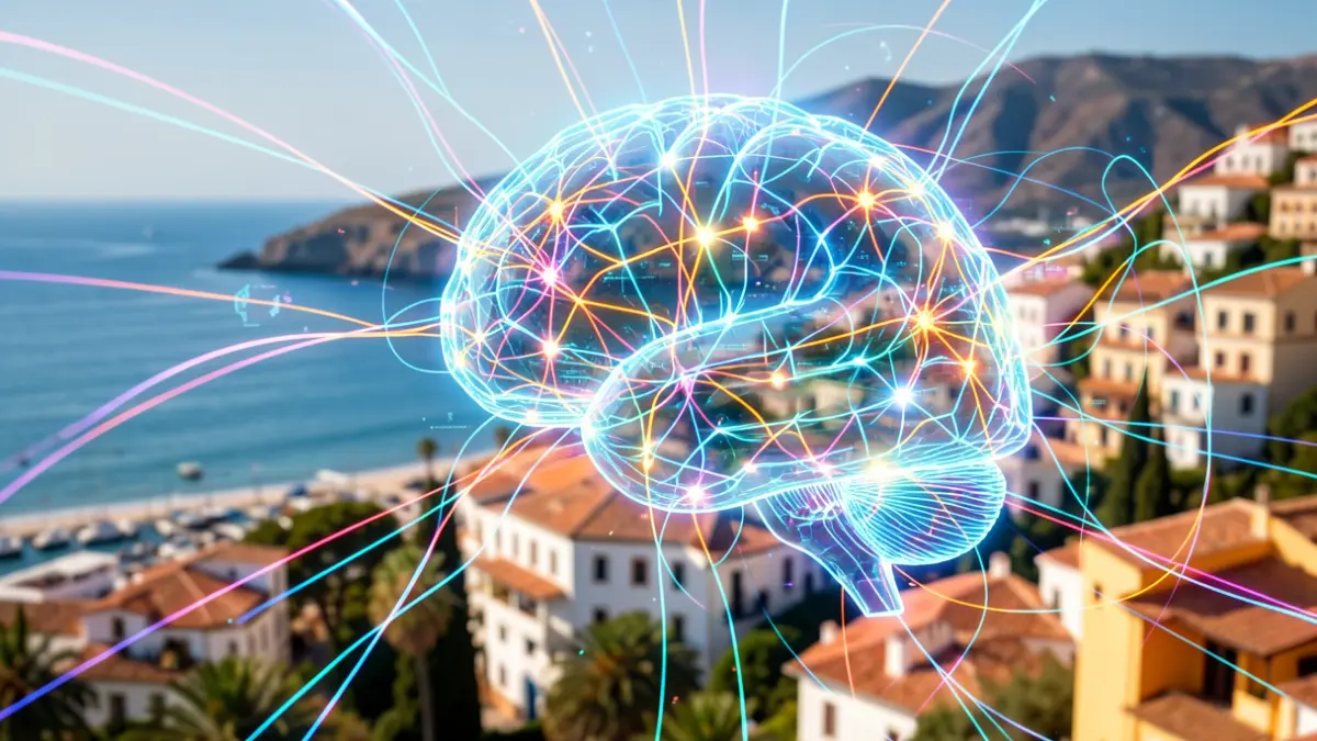 Imagen abstracta de inteligencia artificial y tecnologías exponenciales con redes neuronales brillantes y flujos de datos interconectados, sobre un fondo de la costa andaluza.
