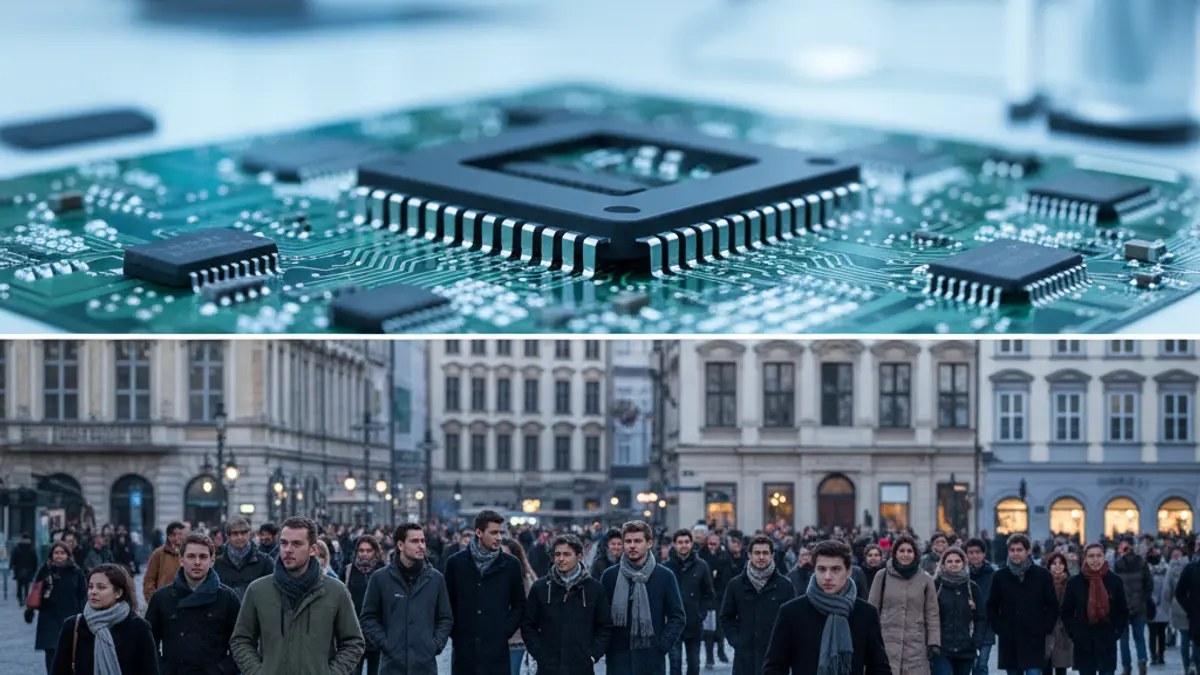 Generic image of a microchip on a circuit board, with blurred high-tech laboratory equipment in the background.