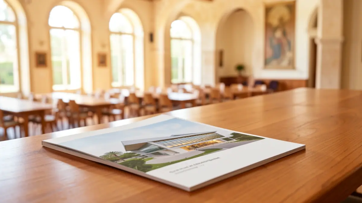 Guía de espacios para eventos en Málaga sobre una mesa de madera.