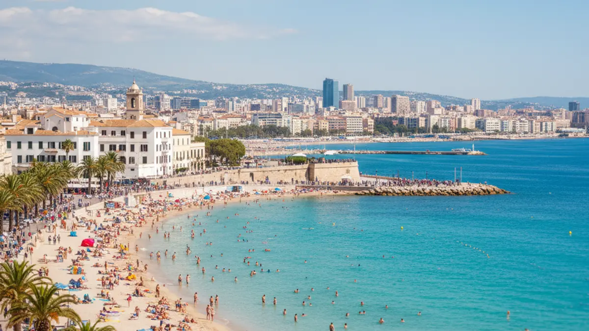 Generic image of a Mediterranean beach with tourists and buildings in the background.