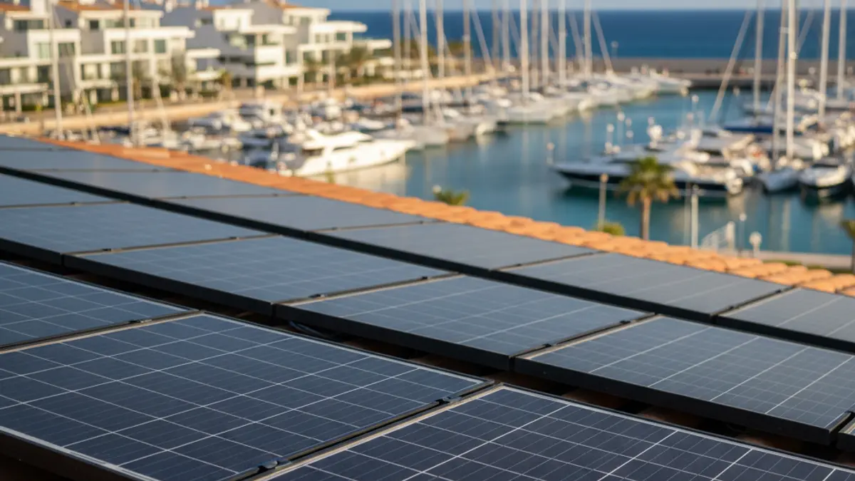 Solar panels on a rooftop with a marina in the background.