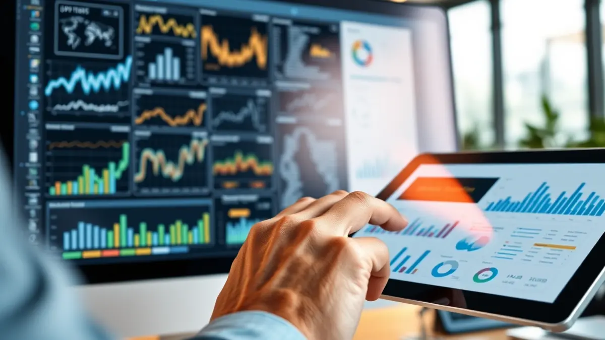 Imagen genérica de una pantalla de ordenador con gráficos y una mano interactuando con una tableta, simbolizando la inteligencia de negocio y el análisis de datos.