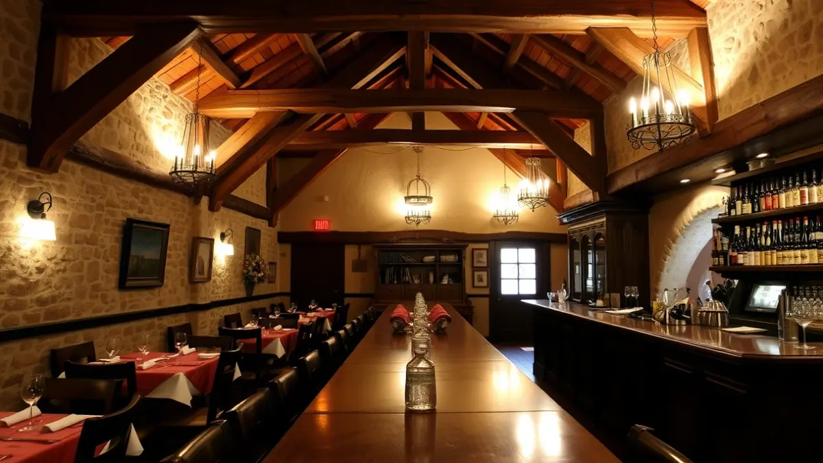 Generic image of a traditional Basque restaurant interior with wooden beams and stone walls.