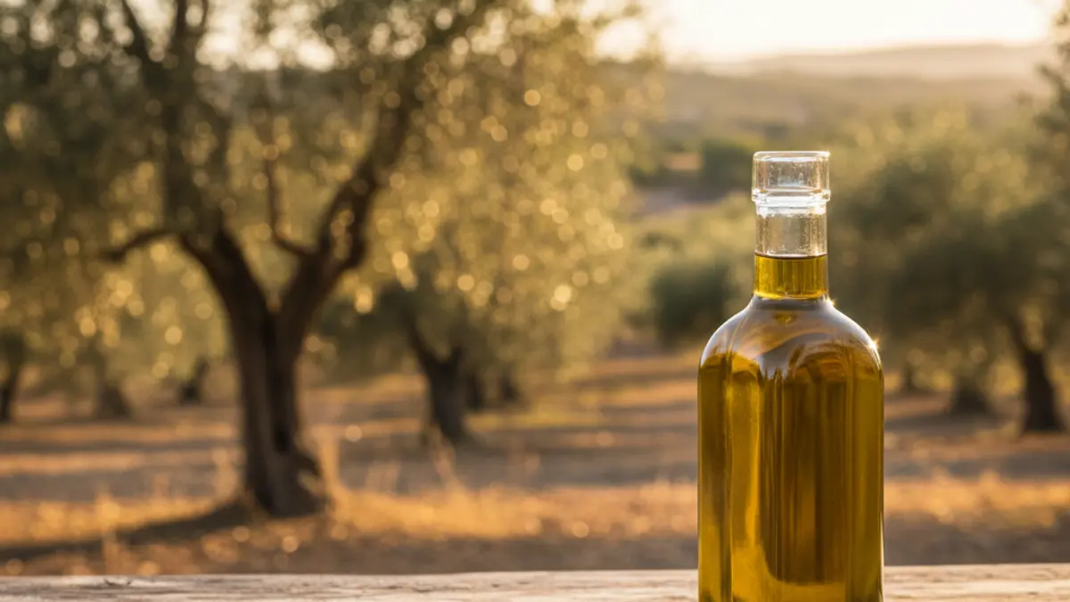 Imagen genérica de una botella de aceite de oliva virgen extra en un entorno rústico.