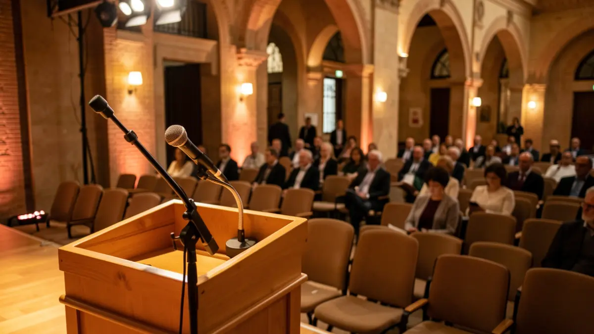 Imagen de una sala de conferencias preparada para un evento profesional.