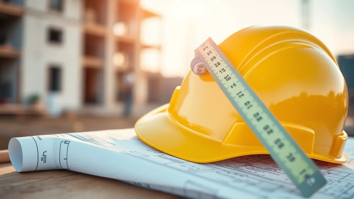 Generic image of a construction blueprint with a hard hat and measuring tape.