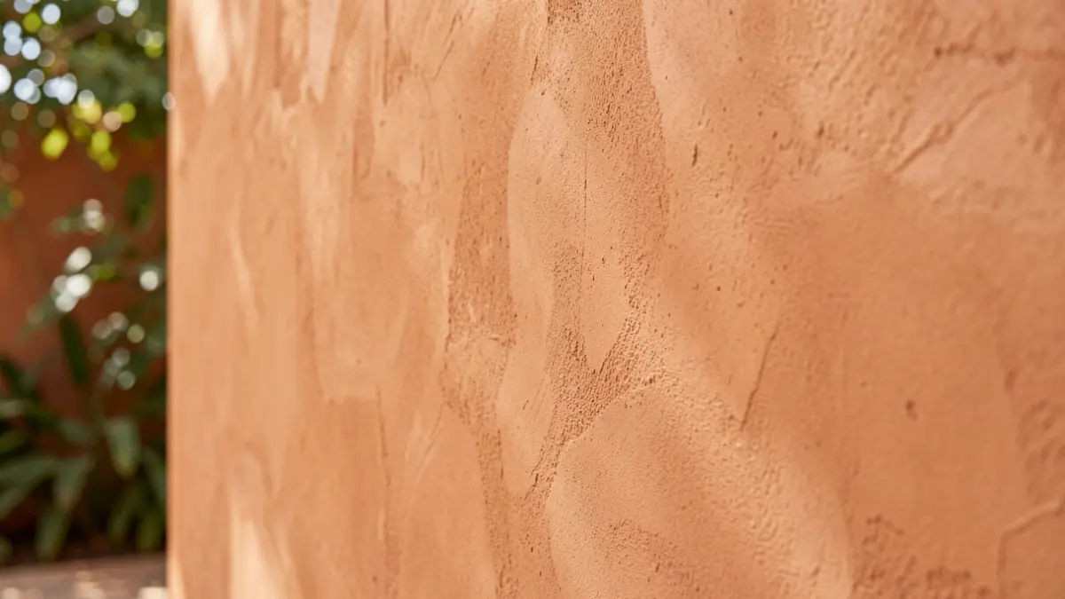 Close-up of a textured, seamless plaster wall in a warm, earthy tone with soft natural light.