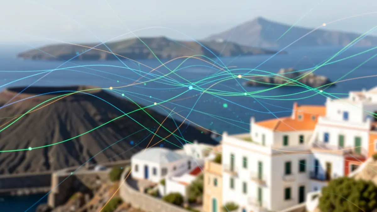 Abstract image of 5G Advanced network signals with data detection elements against a background of Canary Islands landscapes.