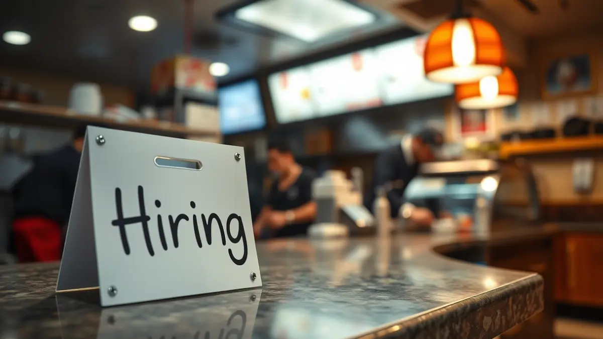 Generic image of a fast-food restaurant counter with a 'Hiring' sign.