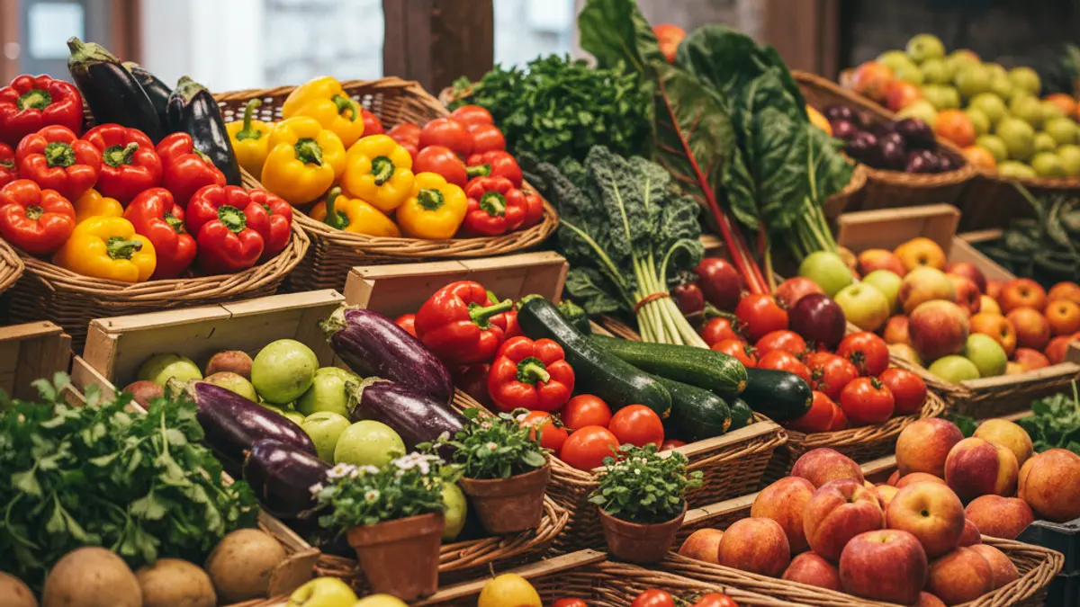 Generic image of a market stall with fresh, organic fruits and vegetables.