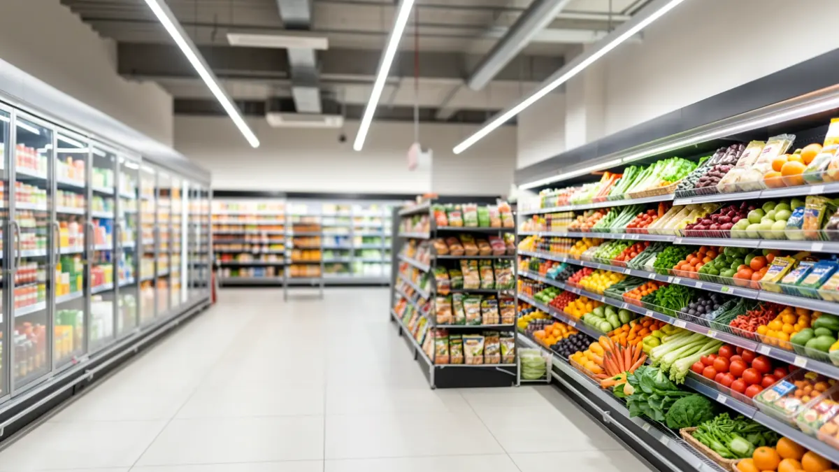Generic image of a modern supermarket interior with fresh products.