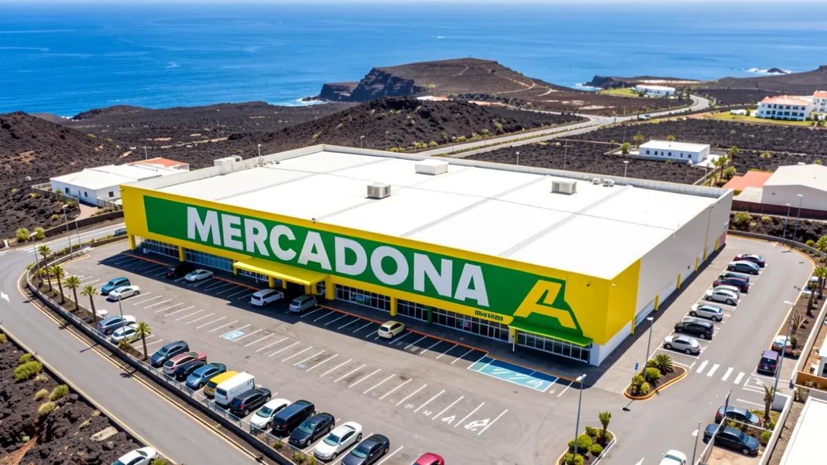 Generic image of a Mercadona supermarket in the Canary Islands with volcanic landscape and sea in the background.