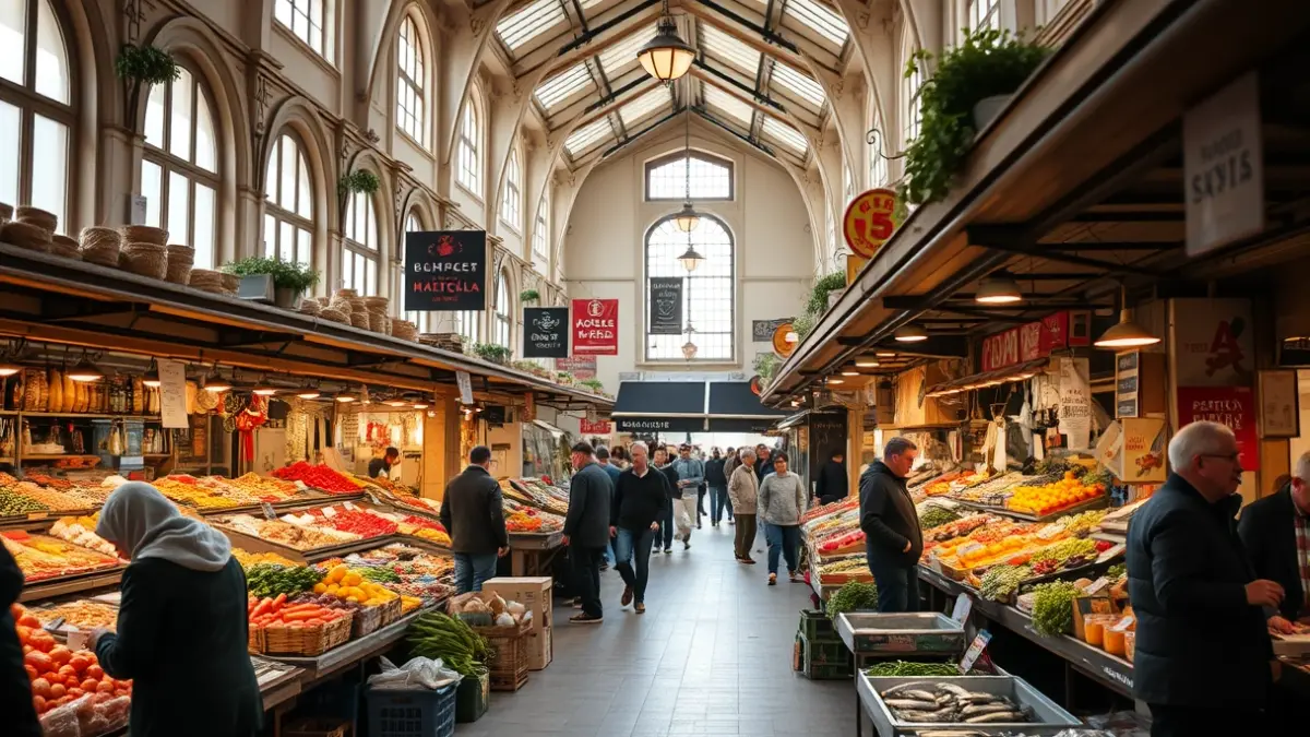Imagen genérica de un mercado municipal con puestos y gente.